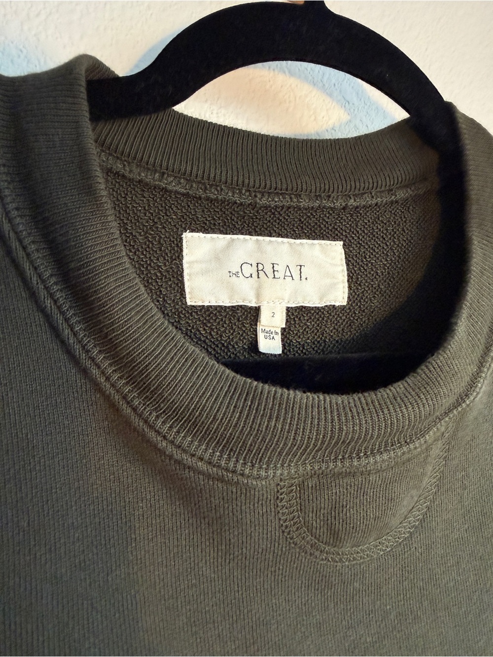 THE GREAT. Dark Olive Green Cropped Sweatshirt and Wide Leg Sweatpants Set - Picture 2 of 16